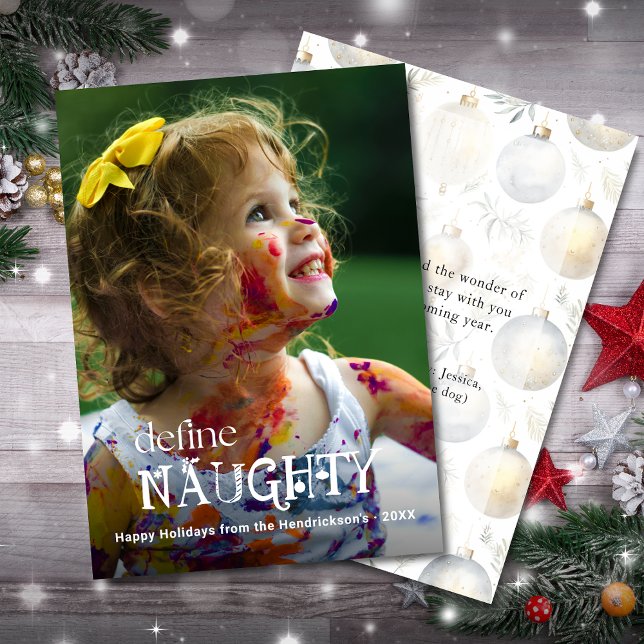 Define Naughty Funny Child Photo Holiday Card (define NAUGHTY funny baby child holiday Christmas card with custom photo, name, greeting.)