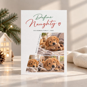 Define Naughty Script Cute Puppy 3Photo Christmas Holiday Card