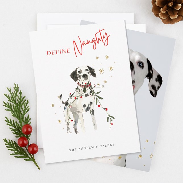 Define Naughty Watercolor Fun Dog Photo Christmas Holiday Card (Creator Uploaded)