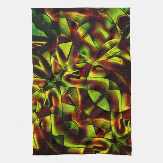 Deformed ties of burnt green ribbons tea towel (Vertical)