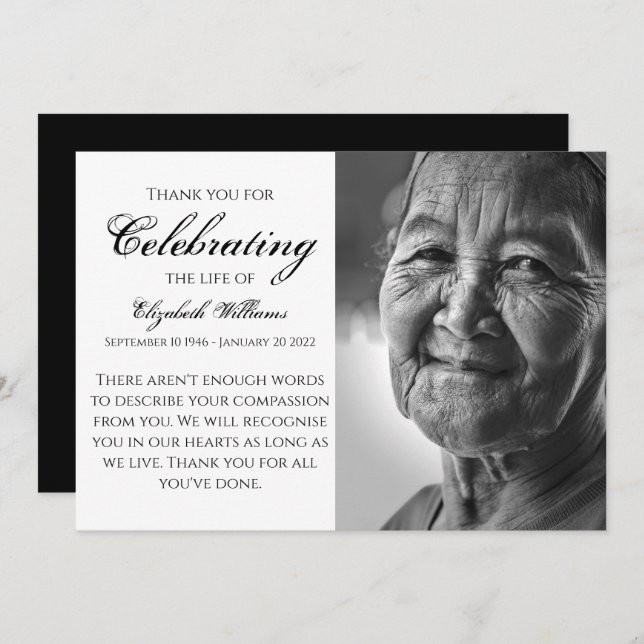 Deft Black Calligraphy Celebration of Life Funeral Thank You Card (Front/Back)