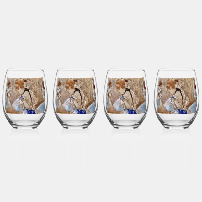 Degas Dancer With Blue Ribbon Drinkware Set Stemless Wine Glass (Front)