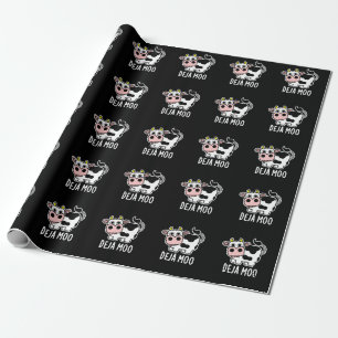 Deja Moo Funny Cow Pun Dark BG Wrapping Paper
