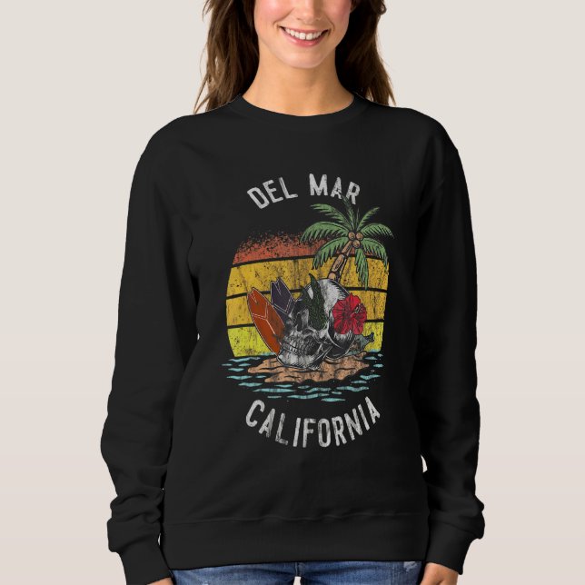 Del Mar Beach California Palms Skull Surf Sunset V Sweatshirt (Front)