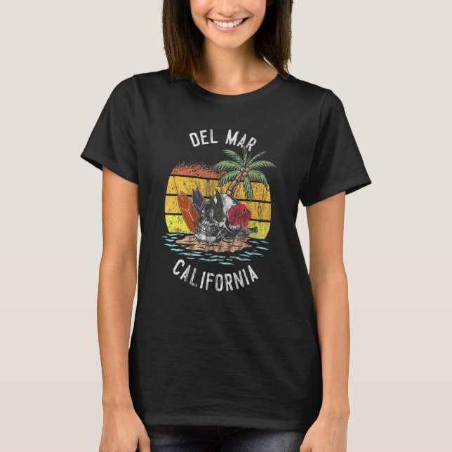 Del Mar Beach California Palms Skull Surf Sunset V T-Shirt (Front)
