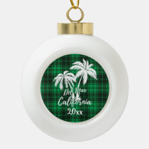 Del Mar California Beach Palm Tree Green Plaid Ceramic Ball Christmas Ornament