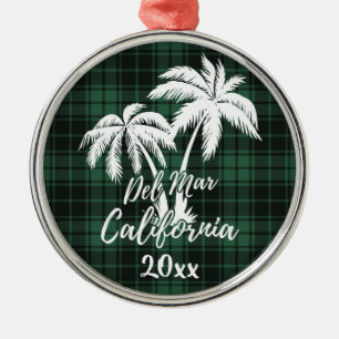 Del Mar California Beach Palm Tree Green Plaid Metal Ornament
