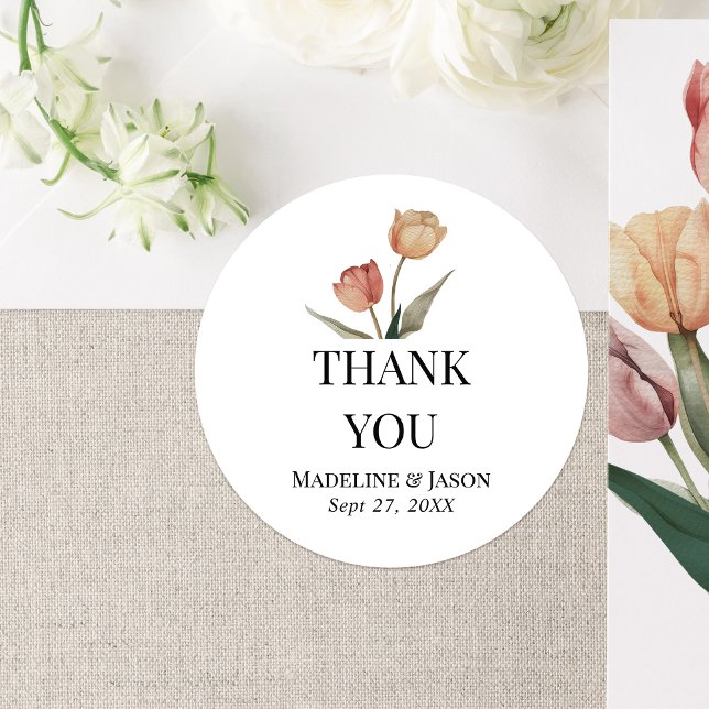 Delacate Tulip Watercolor Wedding Thank You Classic Round Sticker (Creator Uploaded)