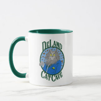 DeLand Cat Cafe's Henry DeCat in blue suit Logo Mug