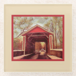 Delaware Ashland Red Covered Bridge on Cream Glass Coaster