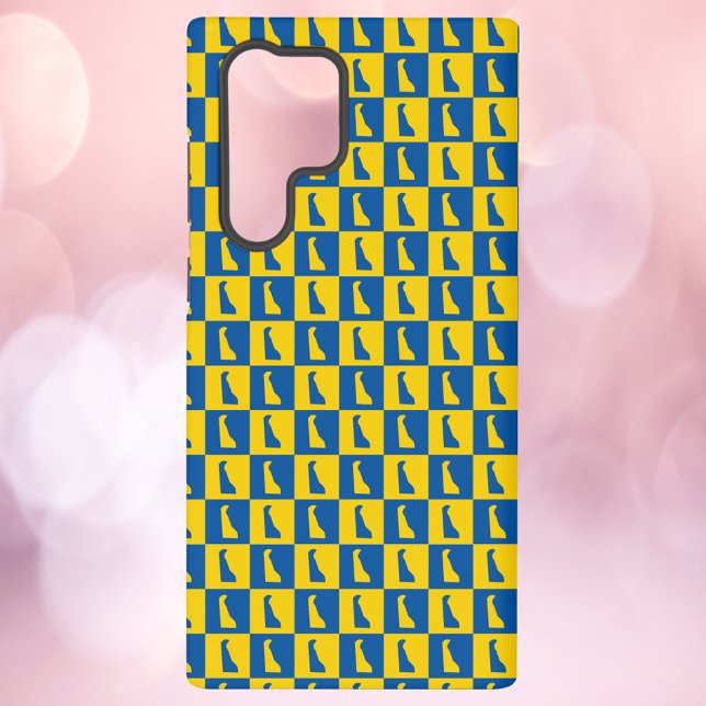 Delaware Blue Gold Checkerboard Pattern Samsung Galaxy S22 Ultra Case (A phone case with a blue and gold pattern of the US state of Delaware.)