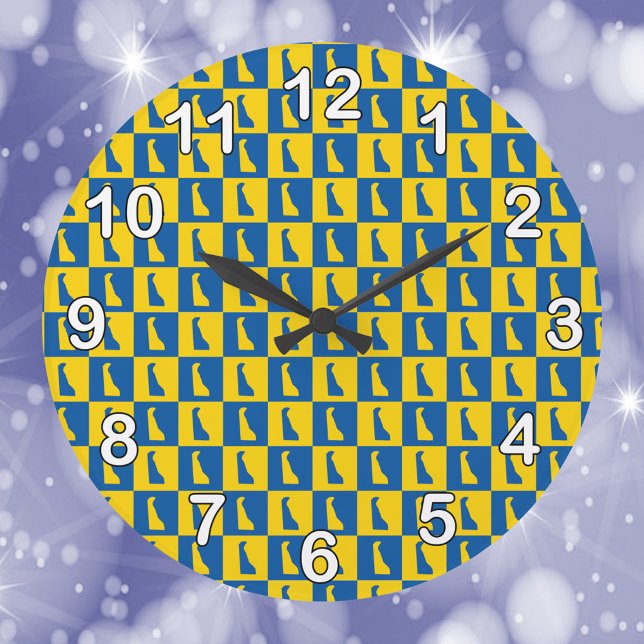 Delaware Blue Gold Pattern Black White Numbers Large Clock (A clock with a yellow gold and blue pattern featuring the US state of Delaware.)