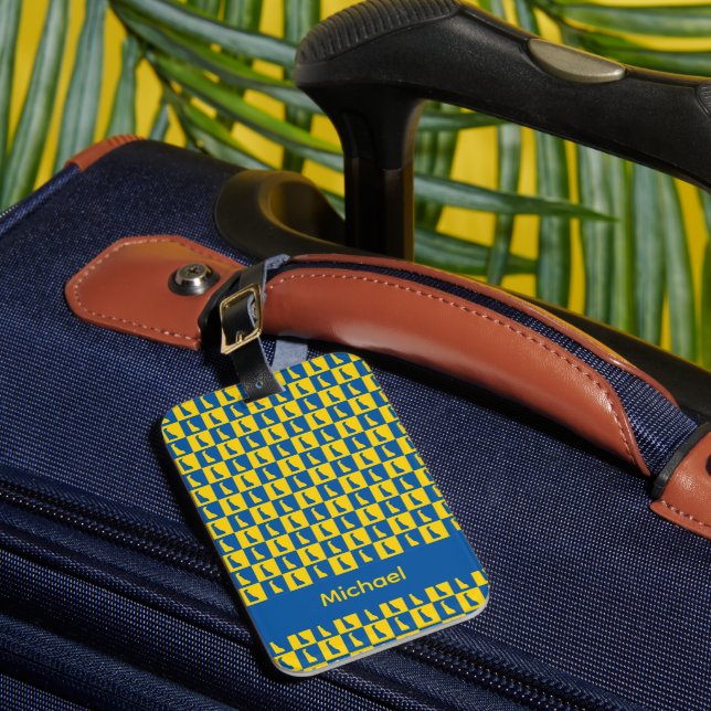 Delaware Check Blue Gold Pattern Personalize Luggage Tag (Front Insitu 1)