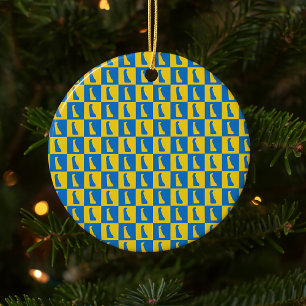 Delaware Checker Blue Gold Yellow Pattern Ceramic Ornament