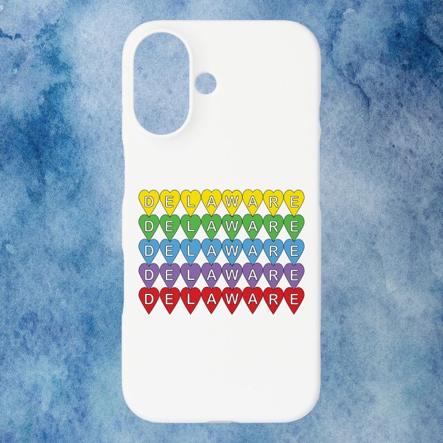 Delaware Colourful Hearts Case-Mate iPhone Case (A phone case with yellow, green, blue, purple and red hearts that say Delaware)