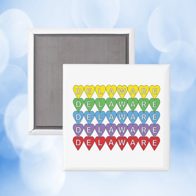 Delaware Hearts Colourful Pattern Magnet (A magnet with yellow, green, blue, purple and red hearts that spell out Delaware.)
