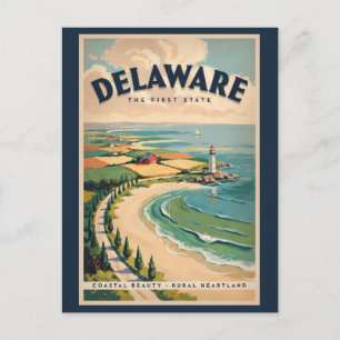 Delaware Lighthouse Illustration Travel Art Retro Postcard