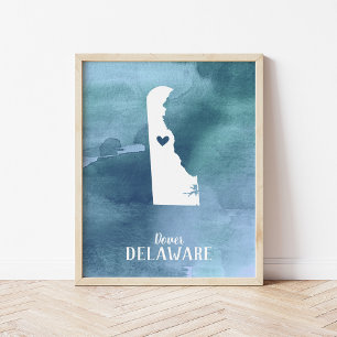Delaware Map Blue Watercolor Personalised Art Poster