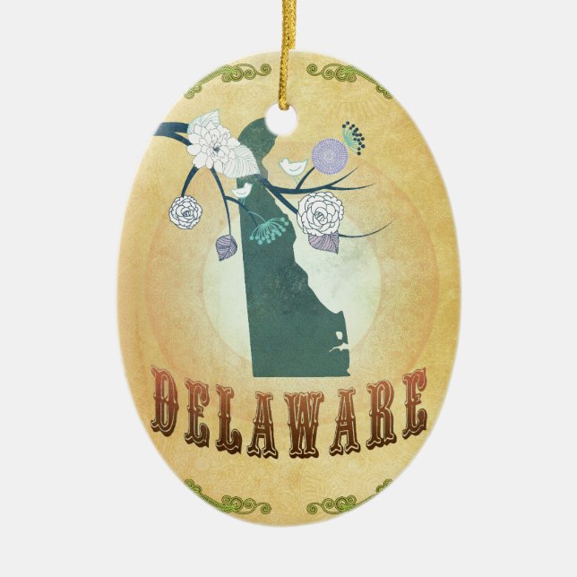 Delaware Map With Lovely Birds Ceramic Tree Decoration (Front)