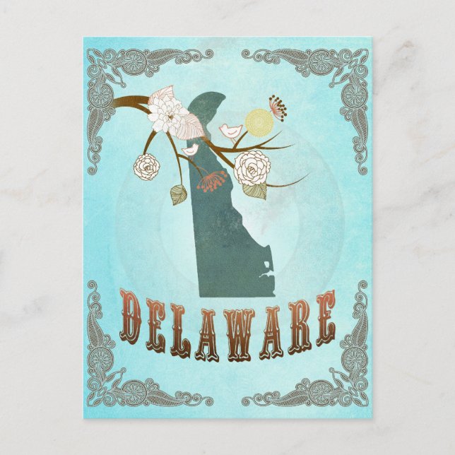 Delaware Map With Lovely Birds Postcard (Front)