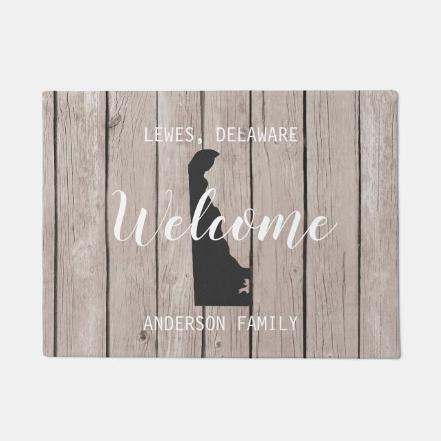 Delaware State Personalised Welcome Wood Look Doormat (Front)