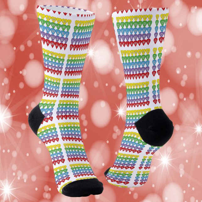 Delaware US State Hearts Pattern Socks (Socks that have a pattern of yellow, green, blue, purple and red hearts that say Delaware.)