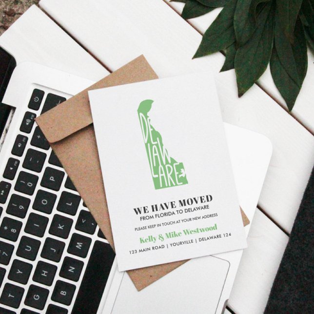 DELAWARE We've moved New address New Home  Postcard (MOVING ANNOUNCMENTE WITH DELAWARE STATE IN GREEN (EDITABLE COLOR ) AND SPACE FOR NEW ADDRESS)