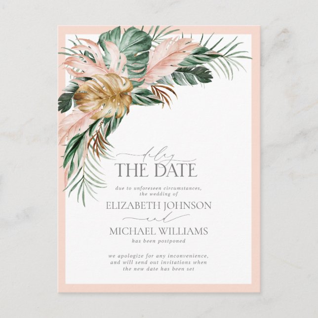 Delay the Date Blush Pink Tropical Boho Wedding Announcement Postcard (Front)