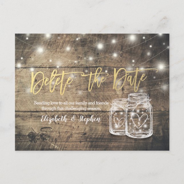 DELETE THE DATE WEDDING POSTPONEMENT MASON JARS ANNOUNCEMENT POSTCARD (Front)