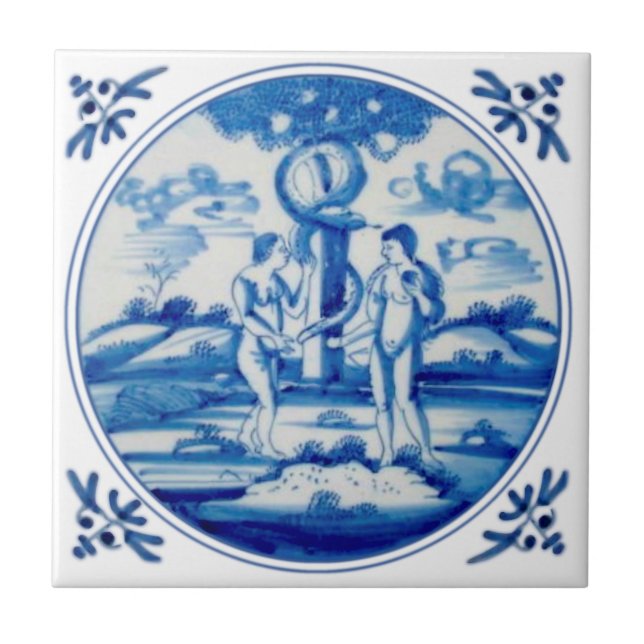 Delft Biblical Genesis Adam & Eve Repro circa 1760 Ceramic Tile (Front)