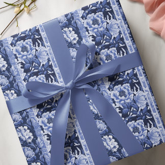 Delft Blue and White Antique Floral Pattern Wrapping Paper
