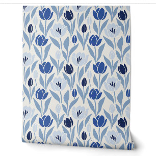 Delft Blue and White Tulip Flower Garden Wallpaper
