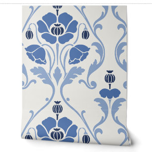 Delft Blue and White Victorian Poppy Floral Wallpaper