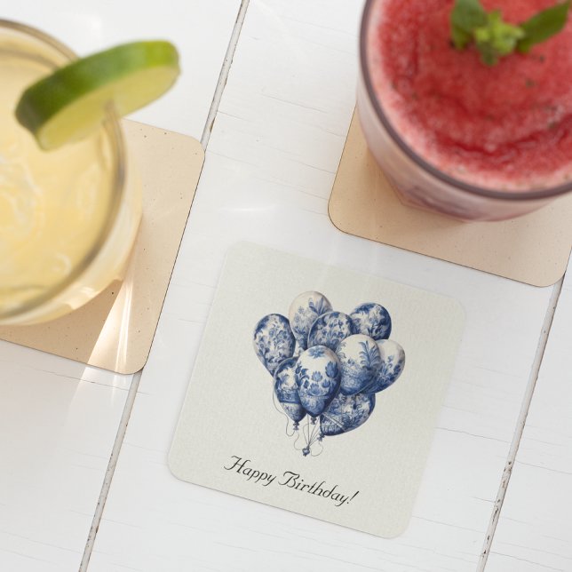 Delft Blue Balloons customisable Square Paper Coaster (Creator Uploaded)