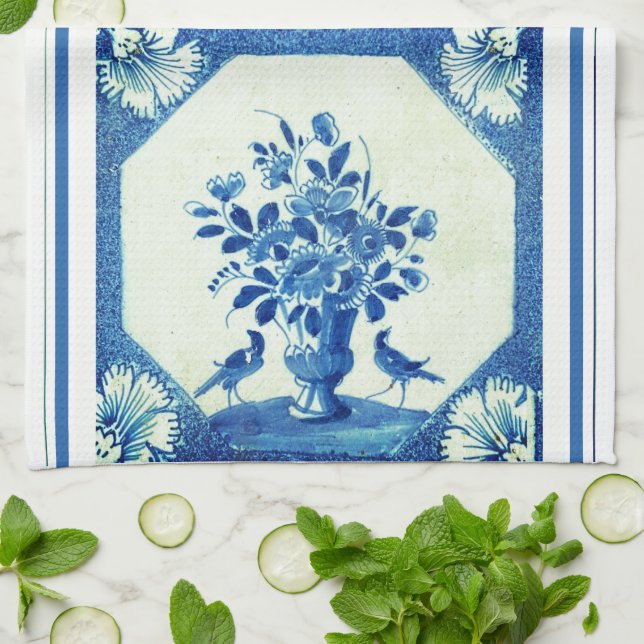 Delft Blue Birds floral French Country Elegance  Tea Towel (Folded)