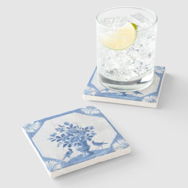 Delft Blue Birds floral French Country Toile Stone Coaster (Side)