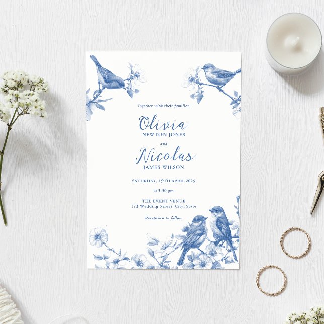 Delft Blue Birds Spring Wedding Invitation (Creator Uploaded)