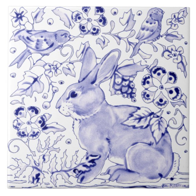 Delft Blue Bunny Rabbit Bird Dedham Elegant Rustic Ceramic Tile (Front)
