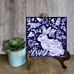 Delft Blue Bunny Rabbit Bird Dedham Elegant Rustic Ceramic Tile<br><div class="desc">My original blue and white bunny rabbit & birds design was painted with ceramic underglazes and kiln fired on a tile. A rabbit and birds are surrounded by stylised flowers, leaves and vines inspired by old Asian chinoiserie, Delft and Dedham pottery designs. Appealing to rabbit and animal lovers - and...</div>