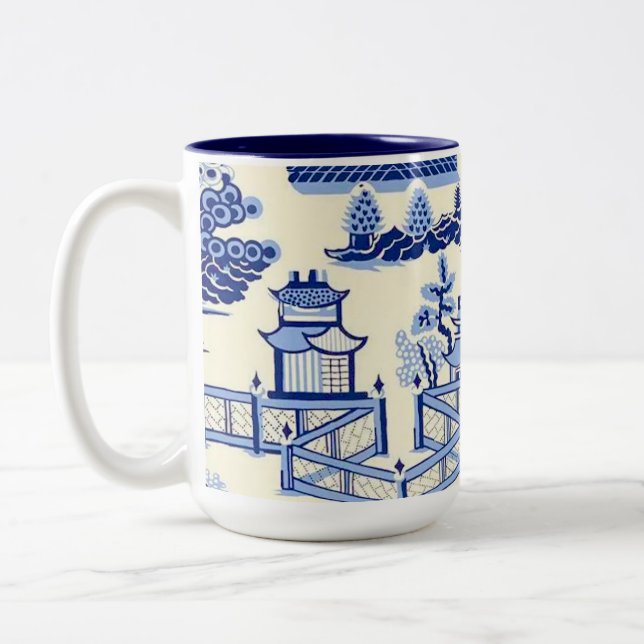 Delft Blue China Ming Dynasty Tea House Two-Tone Coffee Mug (Left)