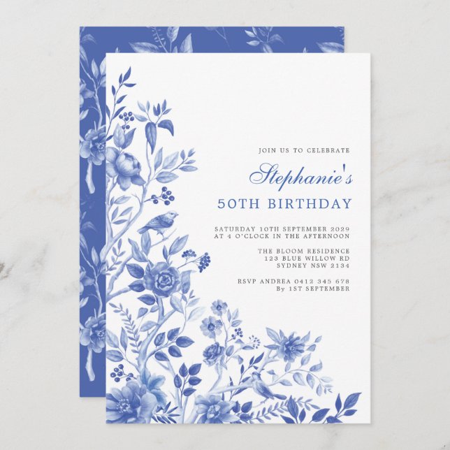 Delft Blue Chinoiserie Floral Women 50th Birthday Invitation (Front/Back)