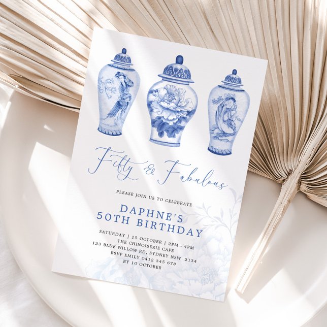Delft Blue Chinoiserie Ginger Jar 50th Birthday Invitation (Creator Uploaded)