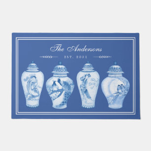Delft Blue Chinoiserie Ginger Jars Family Monogram Doormat