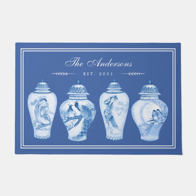 Delft Blue Chinoiserie Ginger Jars Family Monogram Doormat (Front)