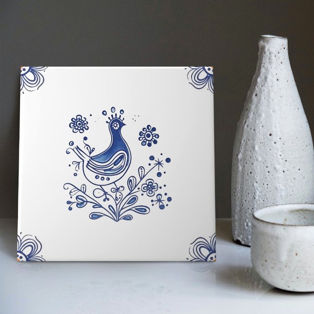 Delft Blue Dutch Style Bird Flowers Indigo Ceramic Ceramic Tile (Creator Uploaded)