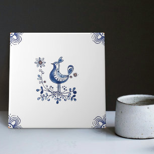 Delft Blue Dutch Style Bird Flowers Indigo Ceramic Tile