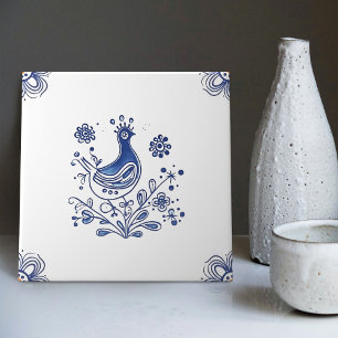 Delft Blue Dutch Style Bird Flowers Indigo Ceramic Tile