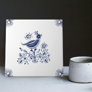 Delft Blue Dutch Style Bird Flowers Indigo Ceramic Tile
