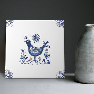 Delft Blue Dutch Style Bird Flowers Indigo Ceramic Tile