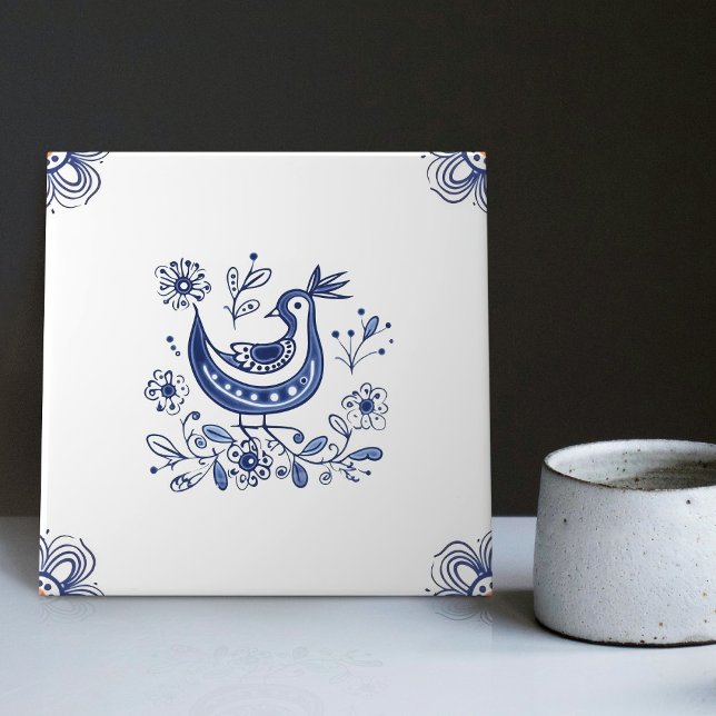 Delft Blue Dutch Style Bird Flowers Indigo Ceramic Tile (Creator Uploaded)